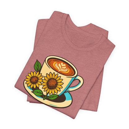 Coffee Lover Tee, Unisex Coffee Short Sleeve Shirt, Sunflower Graphic Tee, Best Gift for Baristas, Casual Summer Wear
