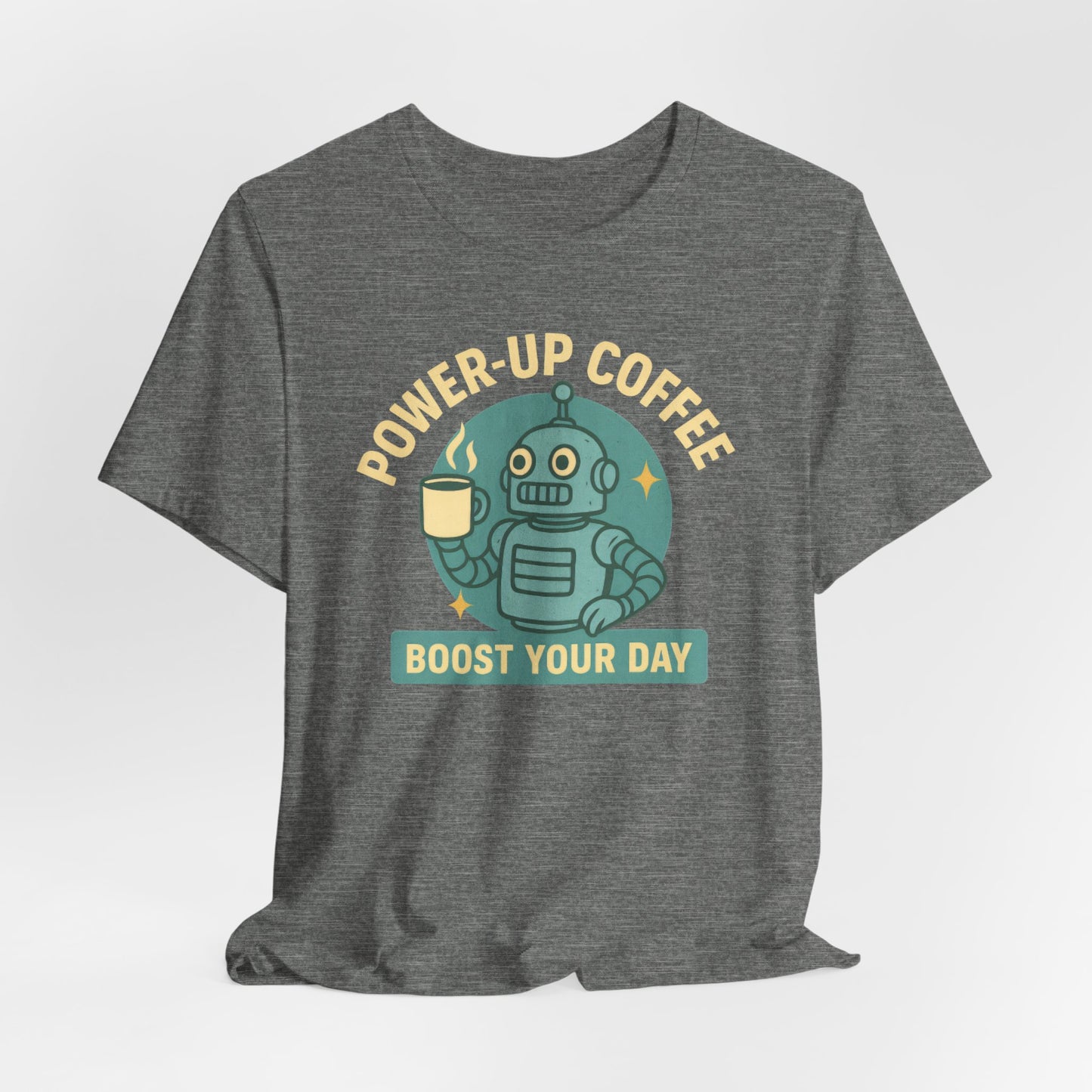 Power-Up Coffee Tee, Funny Robot Shirt, Gift for Coffee Lovers, Unisex Graphic Tee, Quirky Casual Wear, Birthday Apparel