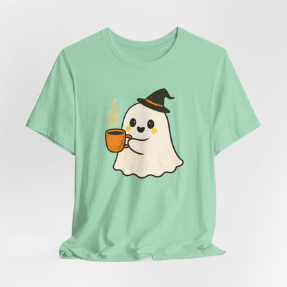 Cute Ghost Coffee Tee, Unisex Halloween Shirt, Funny Pumpkin Spice T-Shirt, Fall Fashion Top, Holiday Gift Idea