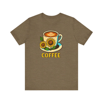 Coffee Lover Tee, Unisex Coffee Short Sleeve Shirt, Sunflower Graphic Tee, Best Gift for Baristas, Casual Summer Wear