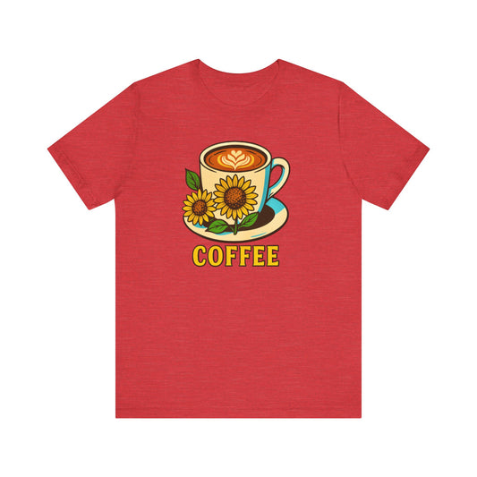 Coffee Lover Tee, Unisex Coffee Short Sleeve Shirt, Sunflower Graphic Tee, Best Gift for Baristas, Casual Summer Wear