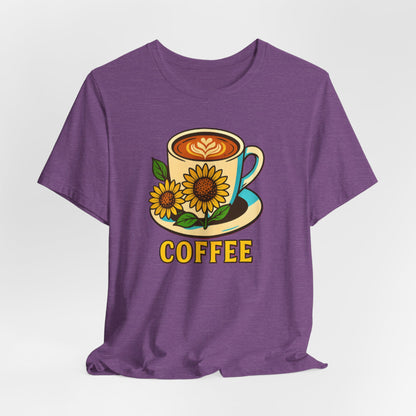Coffee Lover Tee, Unisex Coffee Short Sleeve Shirt, Sunflower Graphic Tee, Best Gift for Baristas, Casual Summer Wear