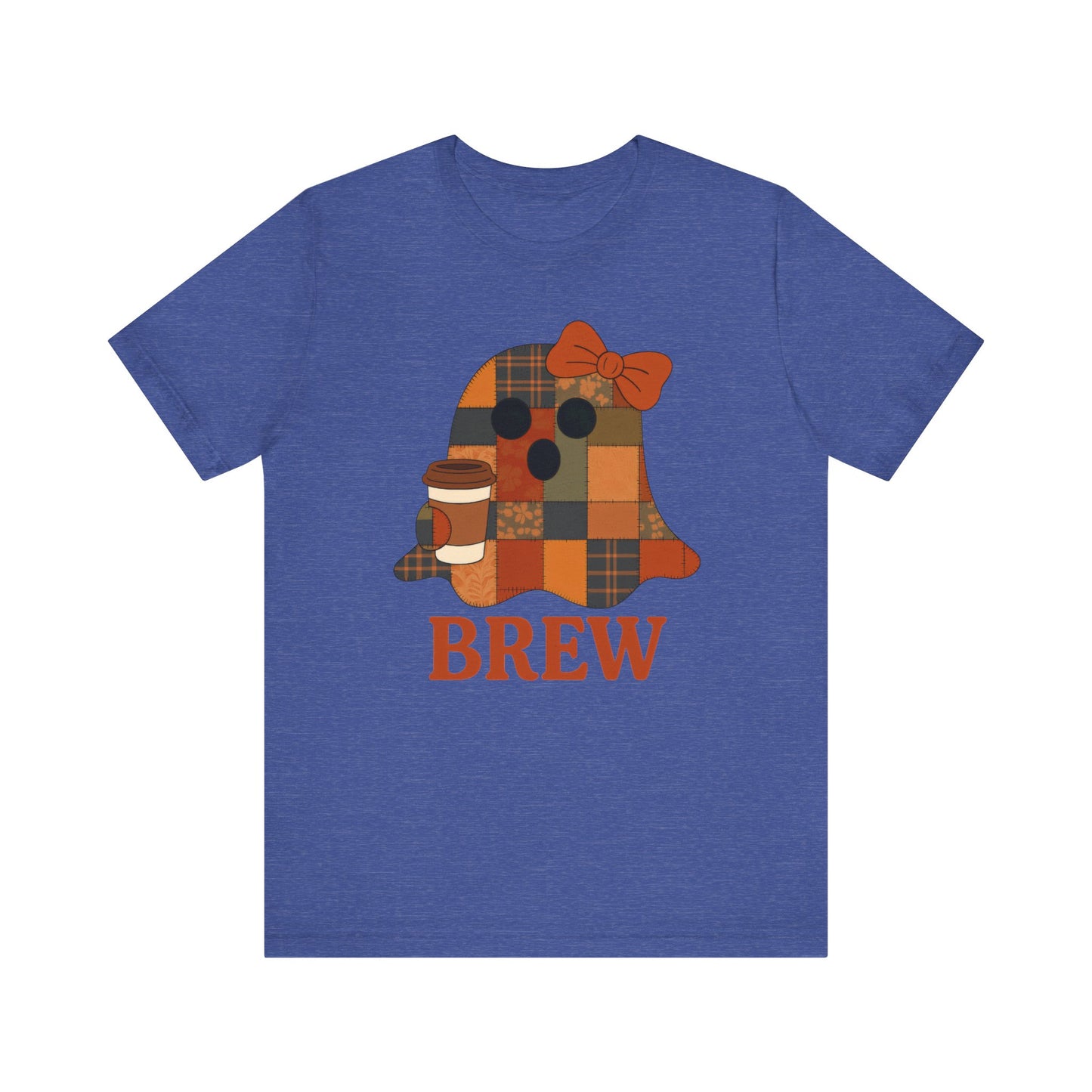 Patchwork Ghost Coffee Halloween Shirt – Quilted Fall Plaid Brew Tee for Coffee Lovers