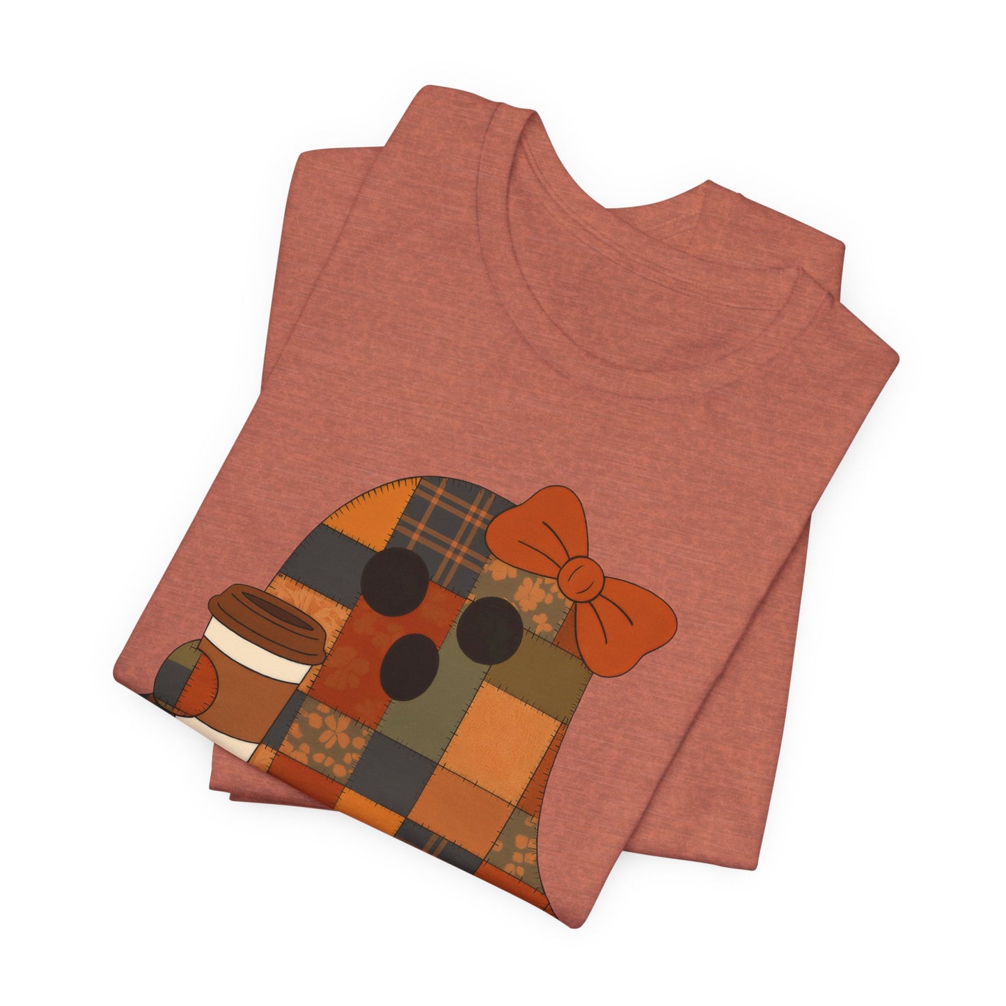 Patchwork Ghost Coffee Halloween Shirt – Quilted Fall Plaid Brew Tee for Coffee Lovers