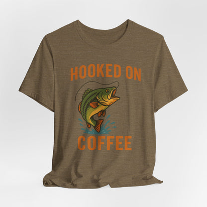 Hooked on Coffee Fishing Tee | Unisex Jersey Short Sleeve T-Shirt, Great for Outdoors, Gifts for Fishermen, Coffee Lovers, Casual Wear
