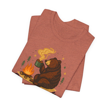 Cozy Campfire T-Shirt, Bear Graphic Tee, Outdoorsy Shirt, Coffee Lovers Gift, Adventure Clothing, Father's Day, Summer Camping Gear