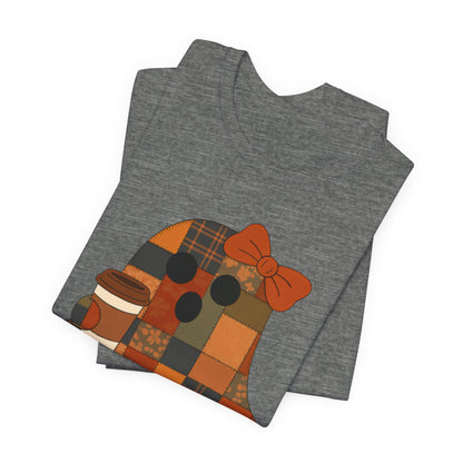 Patchwork Ghost Coffee Halloween Shirt – Quilted Fall Plaid Brew Tee for Coffee Lovers