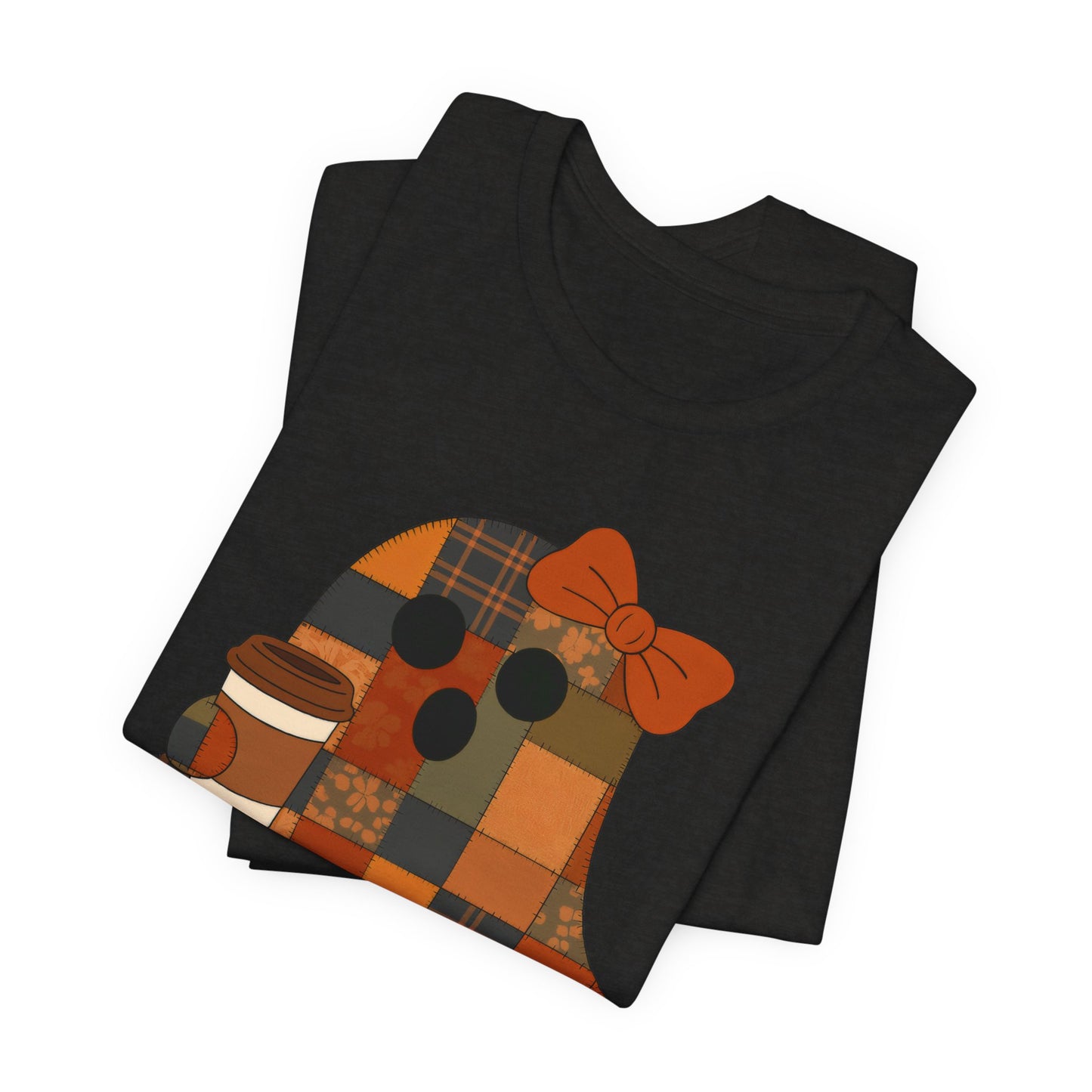 Patchwork Ghost Coffee Halloween Shirt – Quilted Fall Plaid Brew Tee for Coffee Lovers