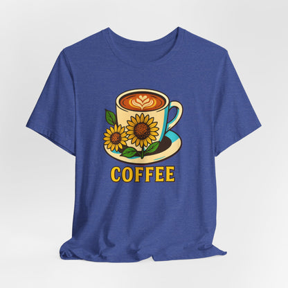 Coffee Lover Tee, Unisex Coffee Short Sleeve Shirt, Sunflower Graphic Tee, Best Gift for Baristas, Casual Summer Wear