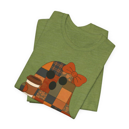 Patchwork Ghost Coffee Halloween Shirt – Quilted Fall Plaid Brew Tee for Coffee Lovers