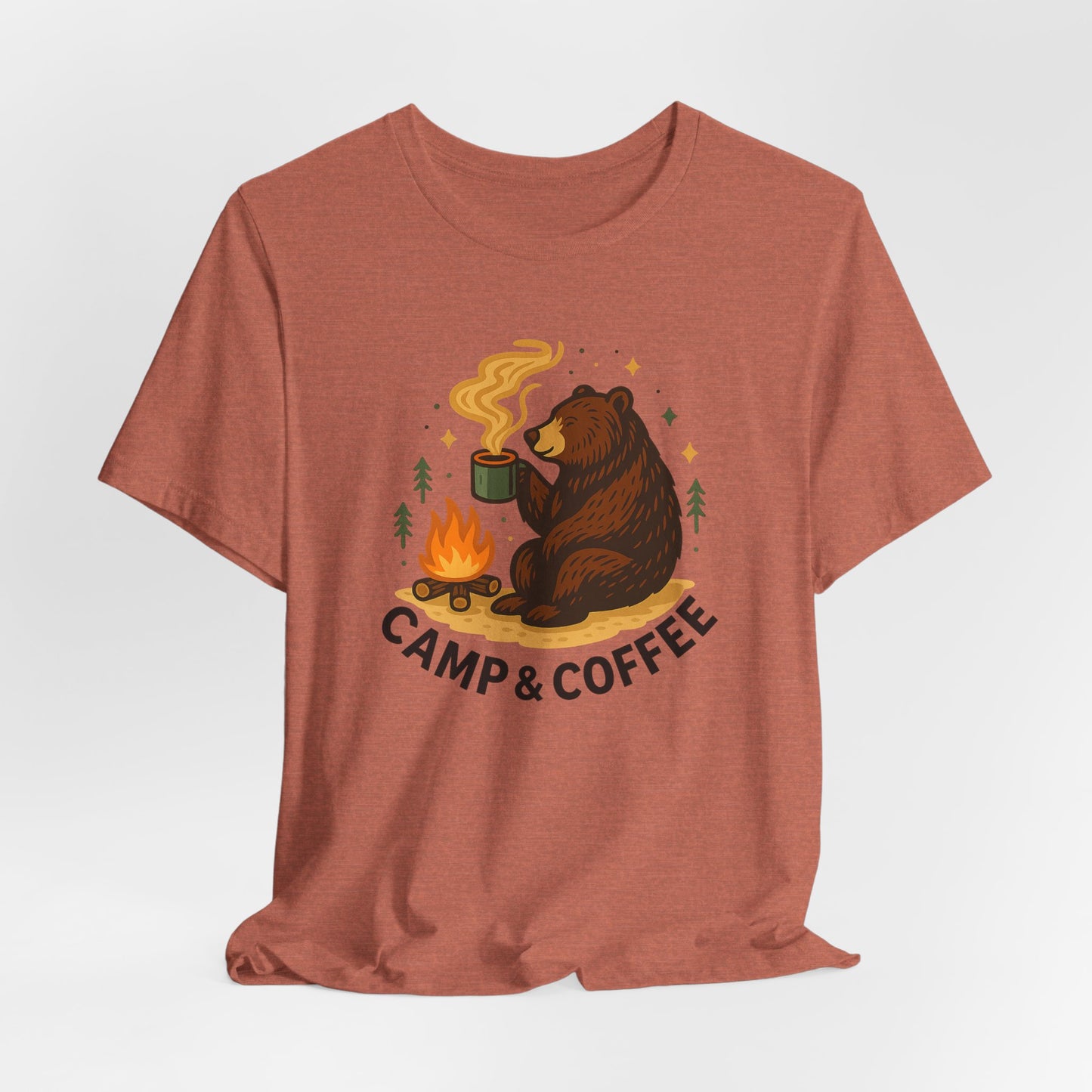 Cozy Campfire T-Shirt, Bear Graphic Tee, Outdoorsy Shirt, Coffee Lovers Gift, Adventure Clothing, Father's Day, Summer Camping Gear