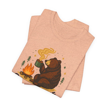 Cozy Campfire T-Shirt, Bear Graphic Tee, Outdoorsy Shirt, Coffee Lovers Gift, Adventure Clothing, Father's Day, Summer Camping Gear