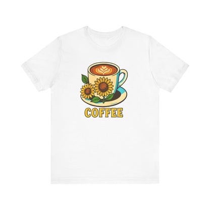 Coffee Lover Tee, Unisex Coffee Short Sleeve Shirt, Sunflower Graphic Tee, Best Gift for Baristas, Casual Summer Wear