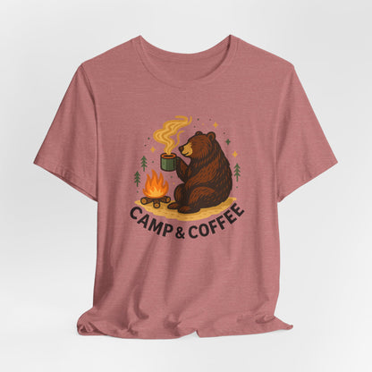 Cozy Campfire T-Shirt, Bear Graphic Tee, Outdoorsy Shirt, Coffee Lovers Gift, Adventure Clothing, Father's Day, Summer Camping Gear