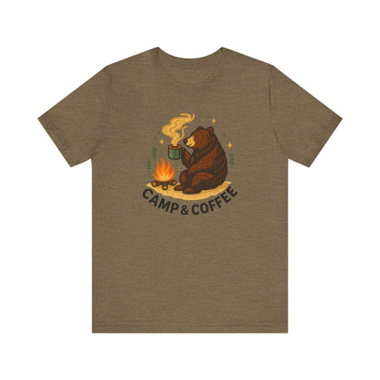 Cozy Campfire T-Shirt, Bear Graphic Tee, Outdoorsy Shirt, Coffee Lovers Gift, Adventure Clothing, Father's Day, Summer Camping Gear