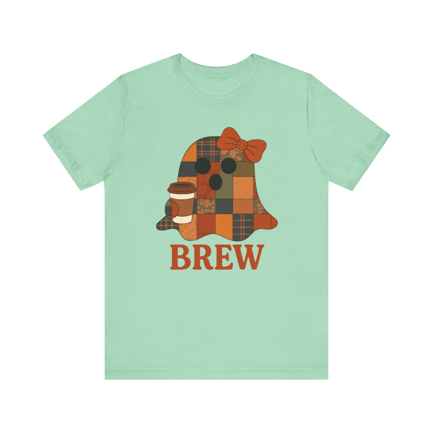 Patchwork Ghost Coffee Halloween Shirt – Quilted Fall Plaid Brew Tee for Coffee Lovers