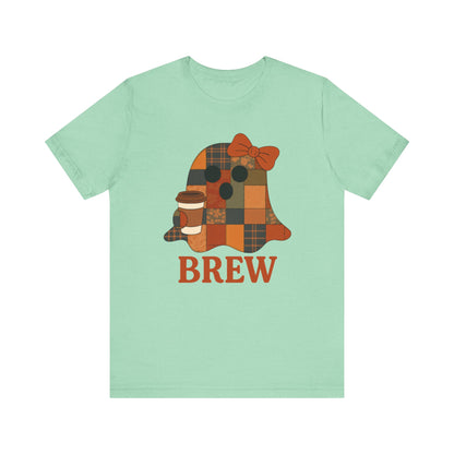 Patchwork Ghost Coffee Halloween Shirt – Quilted Fall Plaid Brew Tee for Coffee Lovers