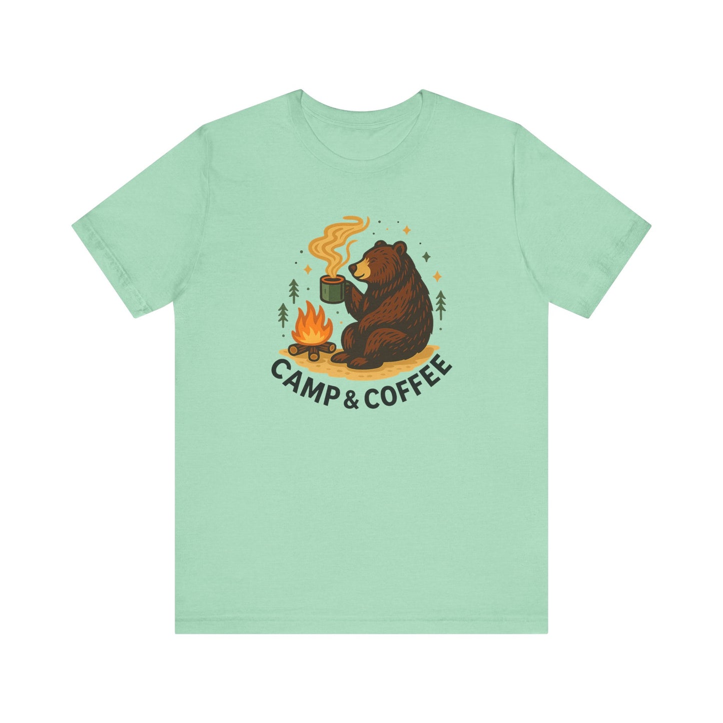 Cozy Campfire T-Shirt, Bear Graphic Tee, Outdoorsy Shirt, Coffee Lovers Gift, Adventure Clothing, Father's Day, Summer Camping Gear