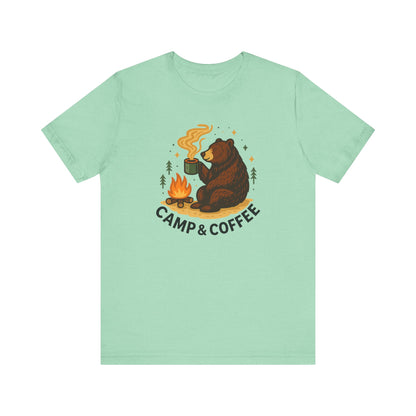 Cozy Campfire T-Shirt, Bear Graphic Tee, Outdoorsy Shirt, Coffee Lovers Gift, Adventure Clothing, Father's Day, Summer Camping Gear
