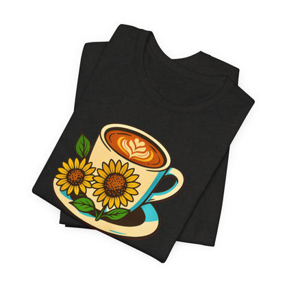 Coffee Lover Tee, Unisex Coffee Short Sleeve Shirt, Sunflower Graphic Tee, Best Gift for Baristas, Casual Summer Wear