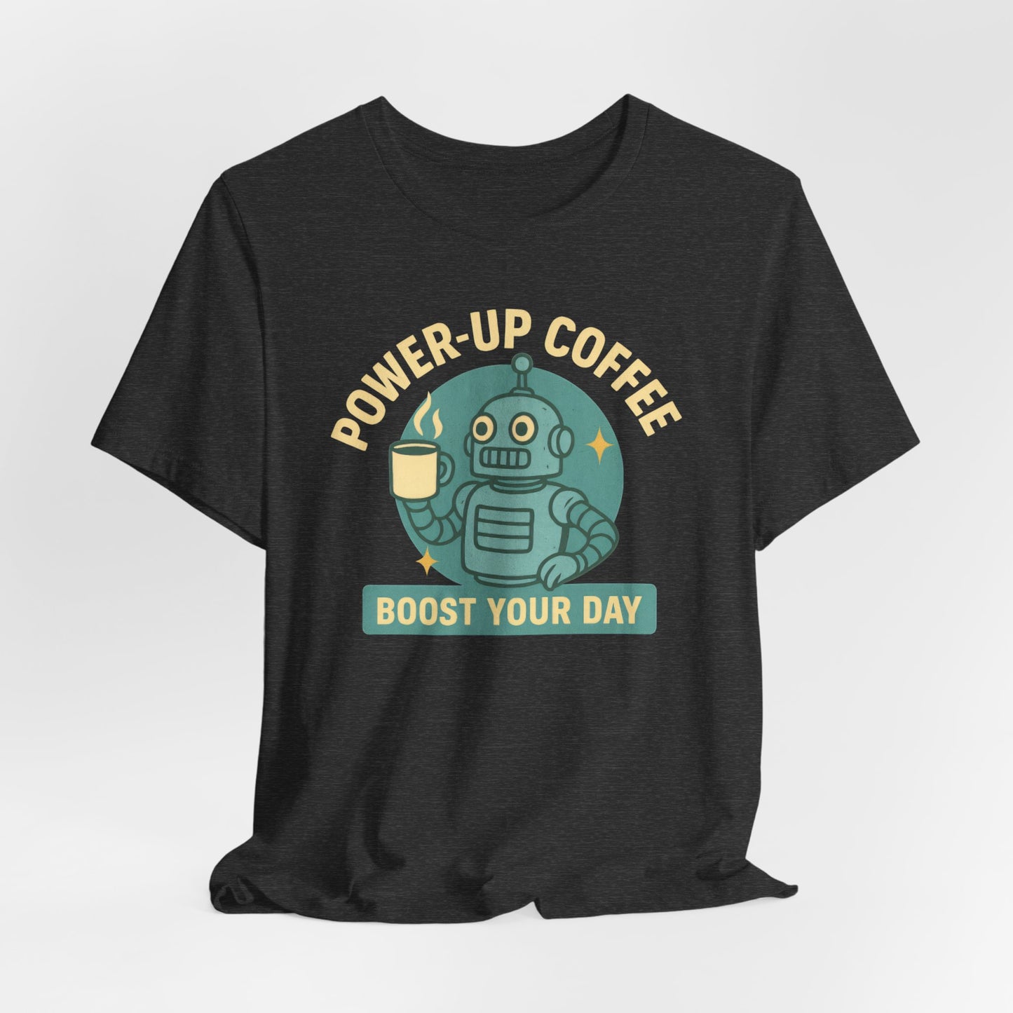 Power-Up Coffee Tee, Funny Robot Shirt, Gift for Coffee Lovers, Unisex Graphic Tee, Quirky Casual Wear, Birthday Apparel