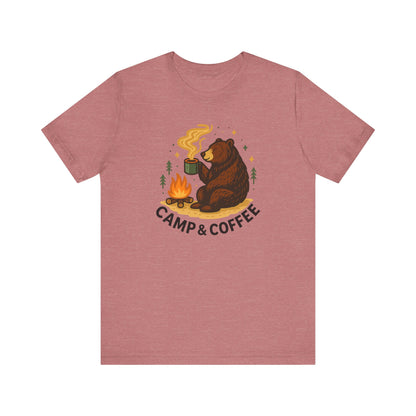 Cozy Campfire T-Shirt, Bear Graphic Tee, Outdoorsy Shirt, Coffee Lovers Gift, Adventure Clothing, Father's Day, Summer Camping Gear
