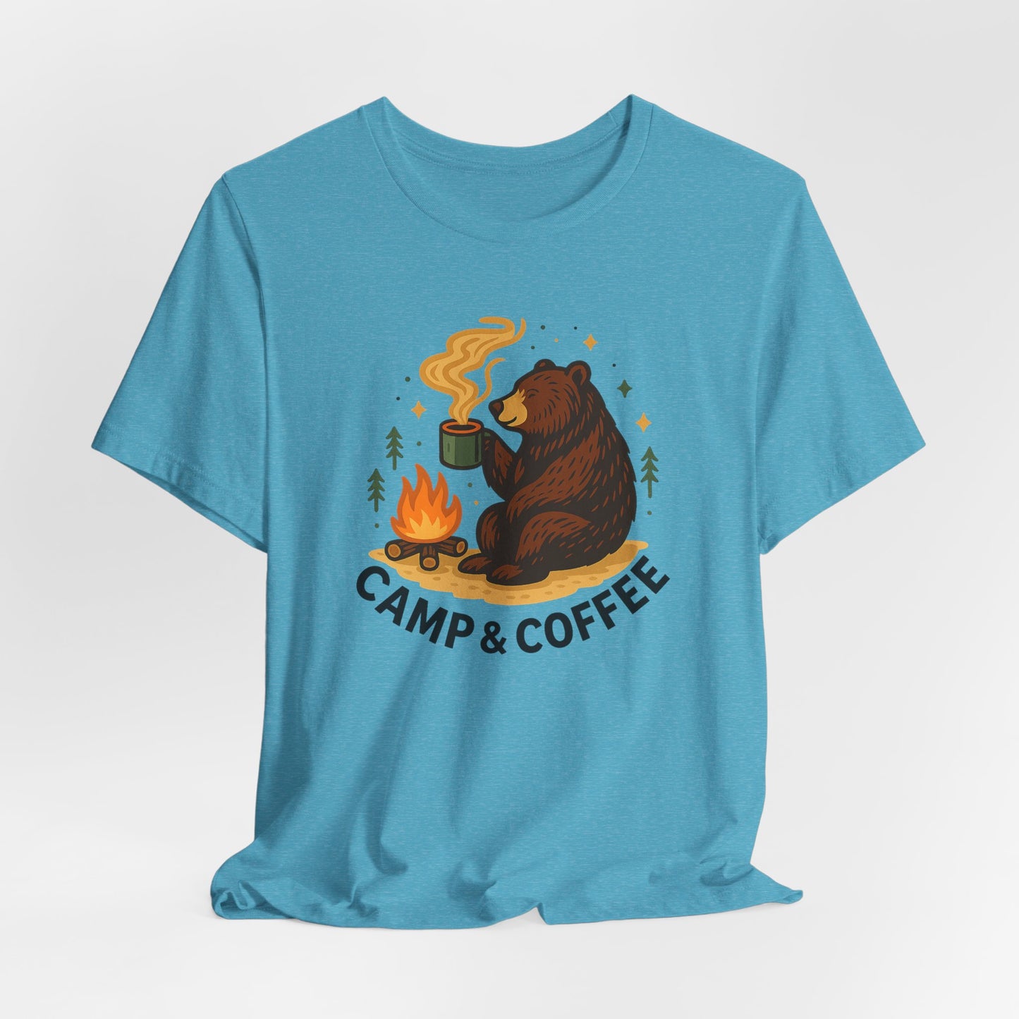 Cozy Campfire T-Shirt, Bear Graphic Tee, Outdoorsy Shirt, Coffee Lovers Gift, Adventure Clothing, Father's Day, Summer Camping Gear