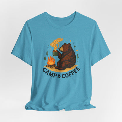 Cozy Campfire T-Shirt, Bear Graphic Tee, Outdoorsy Shirt, Coffee Lovers Gift, Adventure Clothing, Father's Day, Summer Camping Gear