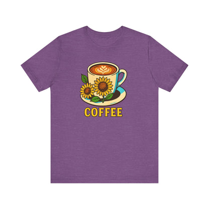 Coffee Lover Tee, Unisex Coffee Short Sleeve Shirt, Sunflower Graphic Tee, Best Gift for Baristas, Casual Summer Wear