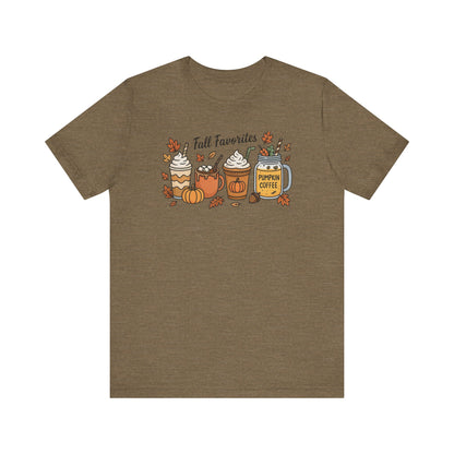 Cozy Fall Favorites Tee | Autumn Shirt, Pumpkin Coffee Top, Unisex Fall T-Shirt, Gift for Coffee Lovers, Seasonal Apparel