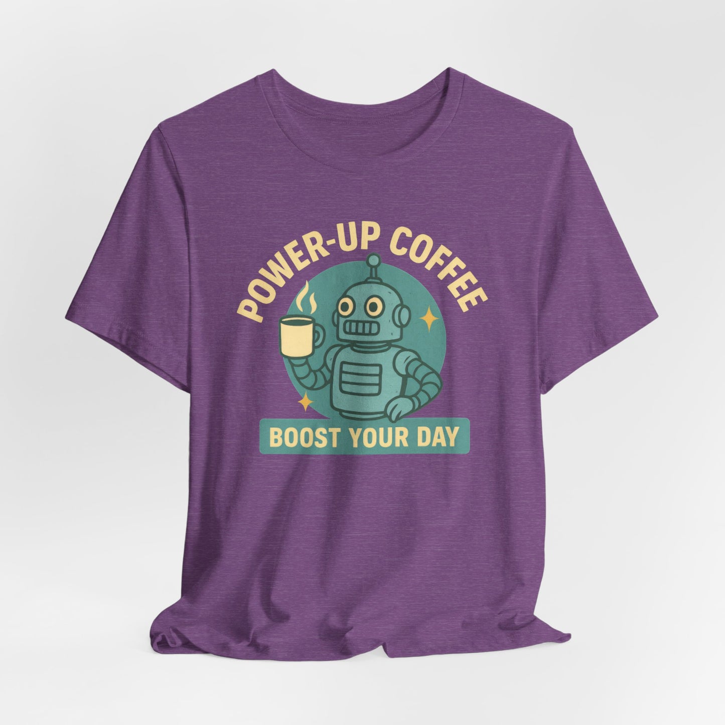 Power-Up Coffee Tee, Funny Robot Shirt, Gift for Coffee Lovers, Unisex Graphic Tee, Quirky Casual Wear, Birthday Apparel