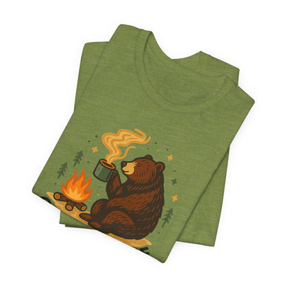Cozy Campfire T-Shirt, Bear Graphic Tee, Outdoorsy Shirt, Coffee Lovers Gift, Adventure Clothing, Father's Day, Summer Camping Gear