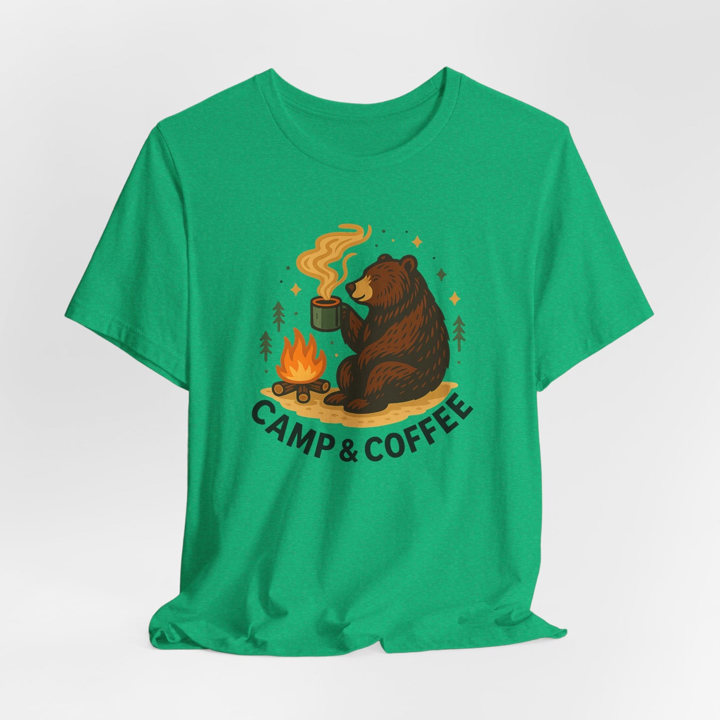 Cozy Campfire T-Shirt, Bear Graphic Tee, Outdoorsy Shirt, Coffee Lovers Gift, Adventure Clothing, Father's Day, Summer Camping Gear