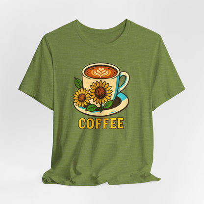 Coffee Lover Tee, Unisex Coffee Short Sleeve Shirt, Sunflower Graphic Tee, Best Gift for Baristas, Casual Summer Wear