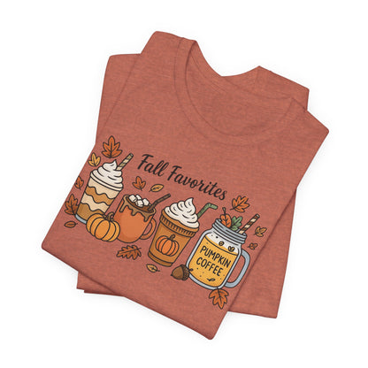 Cozy Fall Favorites Tee | Autumn Shirt, Pumpkin Coffee Top, Unisex Fall T-Shirt, Gift for Coffee Lovers, Seasonal Apparel