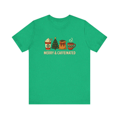 Merry Caffeinated Tee: Cute Coffee Lovers Gift, Holiday Shirt, Unisex Graphic Tee, Christmas Outfit, Cozy T-Shirt