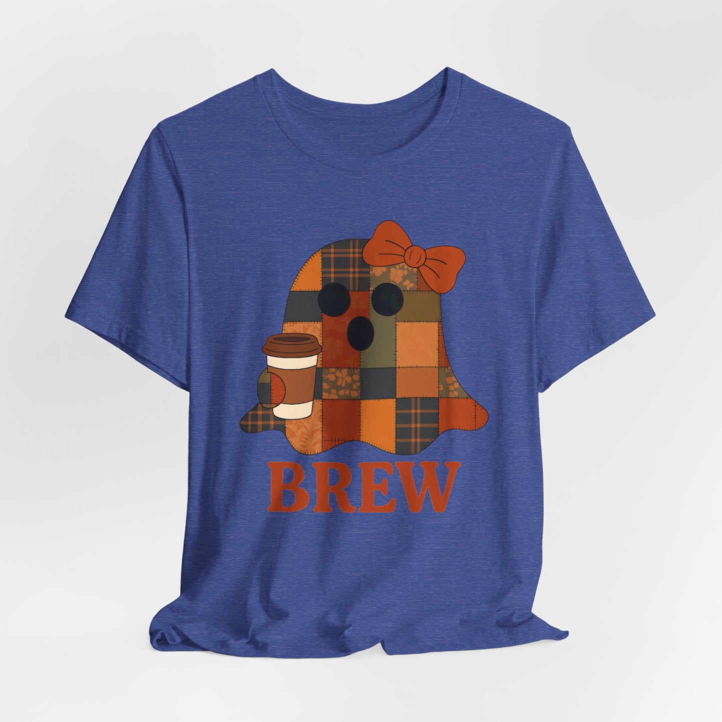 Patchwork Ghost Coffee Halloween Shirt – Quilted Fall Plaid Brew Tee for Coffee Lovers