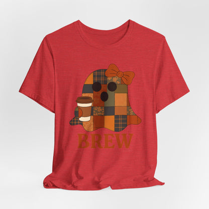 Patchwork Ghost Coffee Halloween Shirt – Quilted Fall Plaid Brew Tee for Coffee Lovers
