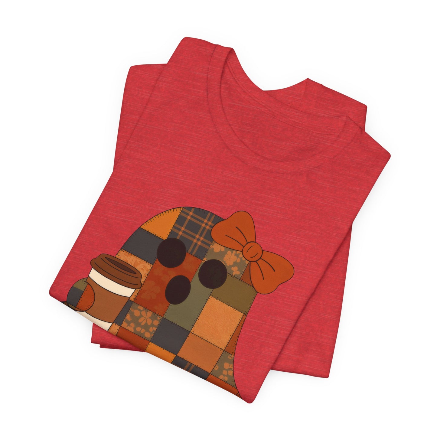 Patchwork Ghost Coffee Halloween Shirt – Quilted Fall Plaid Brew Tee for Coffee Lovers