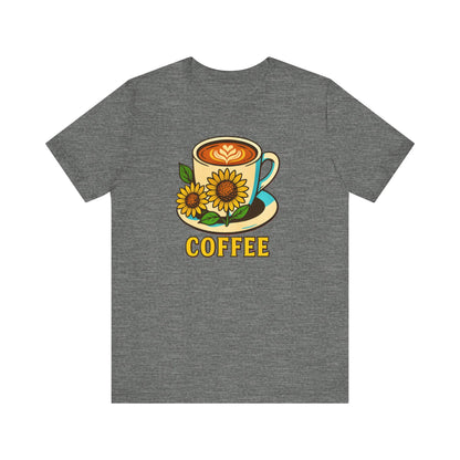 Coffee Lover Tee, Unisex Coffee Short Sleeve Shirt, Sunflower Graphic Tee, Best Gift for Baristas, Casual Summer Wear