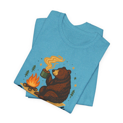 Cozy Campfire T-Shirt, Bear Graphic Tee, Outdoorsy Shirt, Coffee Lovers Gift, Adventure Clothing, Father's Day, Summer Camping Gear