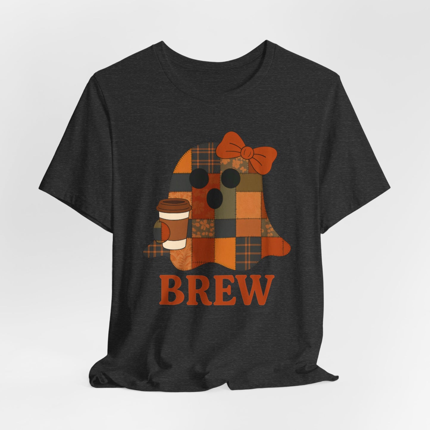 Patchwork Ghost Coffee Halloween Shirt – Quilted Fall Plaid Brew Tee for Coffee Lovers