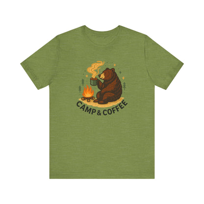 Cozy Campfire T-Shirt, Bear Graphic Tee, Outdoorsy Shirt, Coffee Lovers Gift, Adventure Clothing, Father's Day, Summer Camping Gear