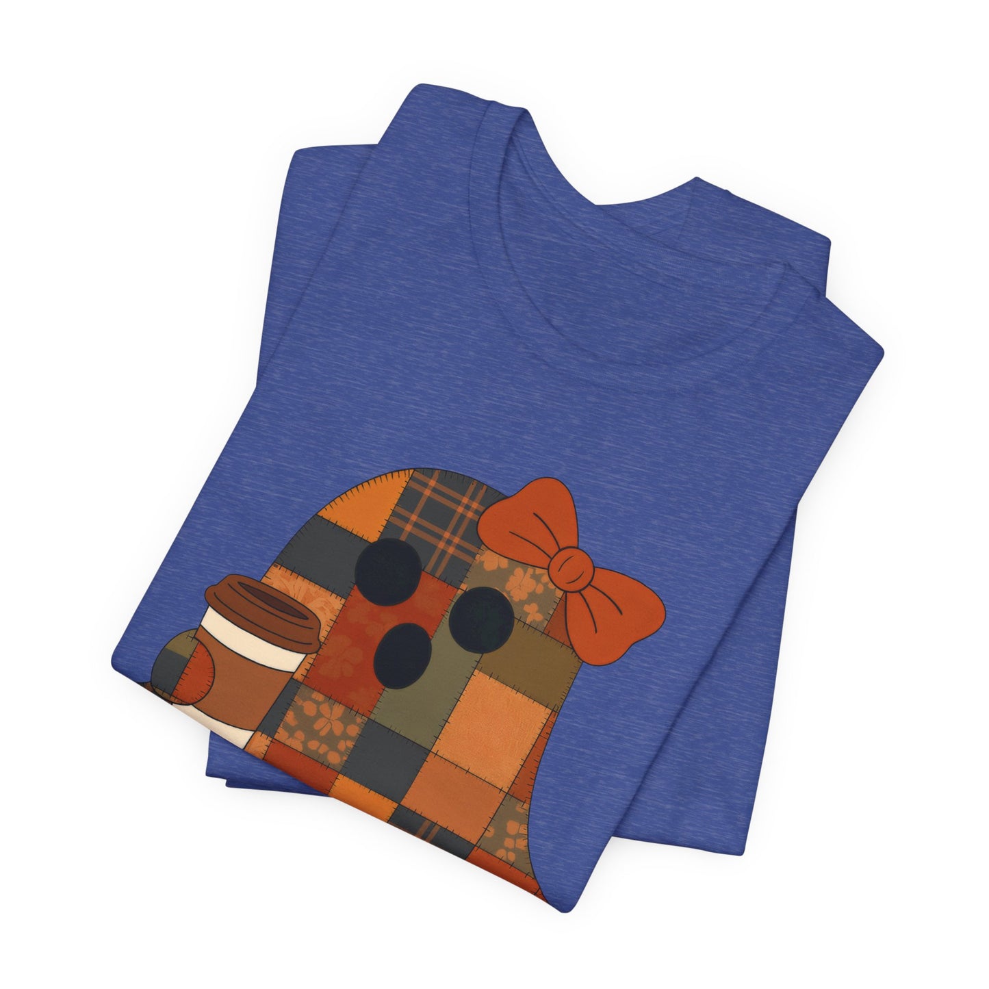 Patchwork Ghost Coffee Halloween Shirt – Quilted Fall Plaid Brew Tee for Coffee Lovers