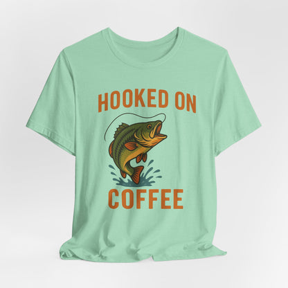 Hooked on Coffee Fishing Tee | Unisex Jersey Short Sleeve T-Shirt, Great for Outdoors, Gifts for Fishermen, Coffee Lovers, Casual Wear