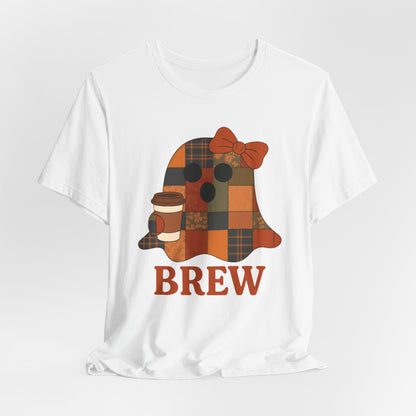 Patchwork Ghost Coffee Halloween Shirt – Quilted Fall Plaid Brew Tee for Coffee Lovers