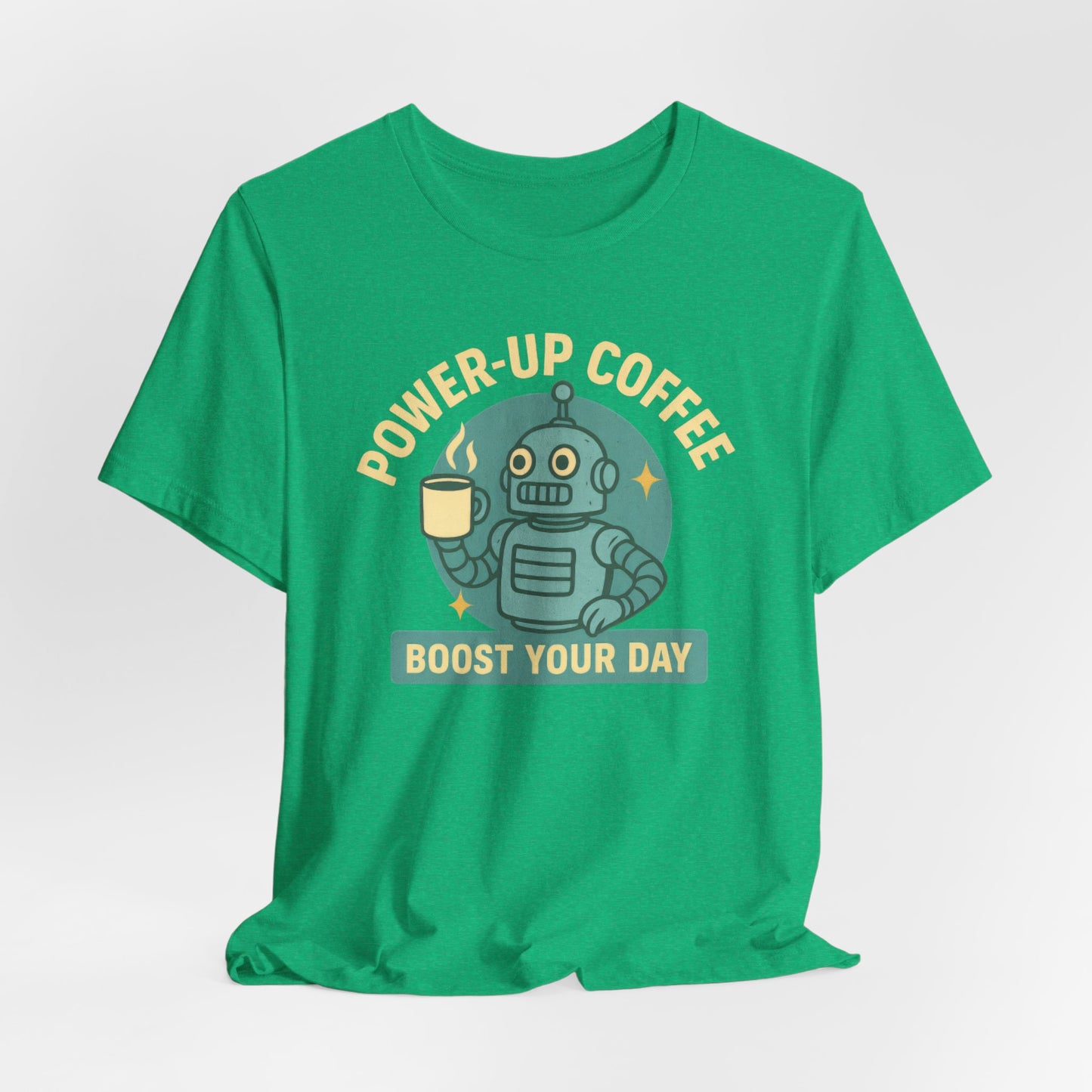 Power-Up Coffee Tee, Funny Robot Shirt, Gift for Coffee Lovers, Unisex Graphic Tee, Quirky Casual Wear, Birthday Apparel