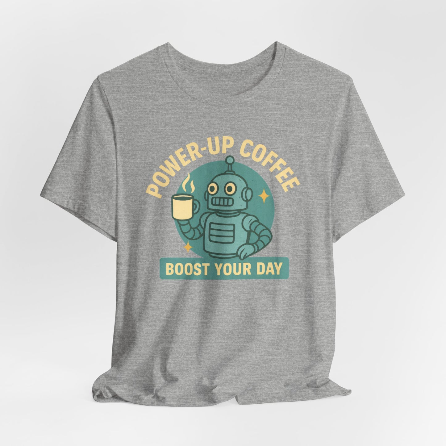 Power-Up Coffee Tee, Funny Robot Shirt, Gift for Coffee Lovers, Unisex Graphic Tee, Quirky Casual Wear, Birthday Apparel