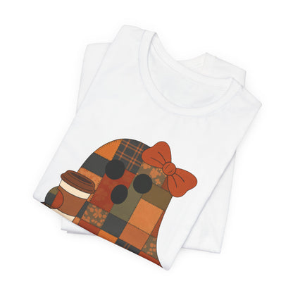 Patchwork Ghost Coffee Halloween Shirt – Quilted Fall Plaid Brew Tee for Coffee Lovers