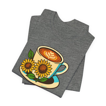 Coffee Lover Tee, Unisex Coffee Short Sleeve Shirt, Sunflower Graphic Tee, Best Gift for Baristas, Casual Summer Wear